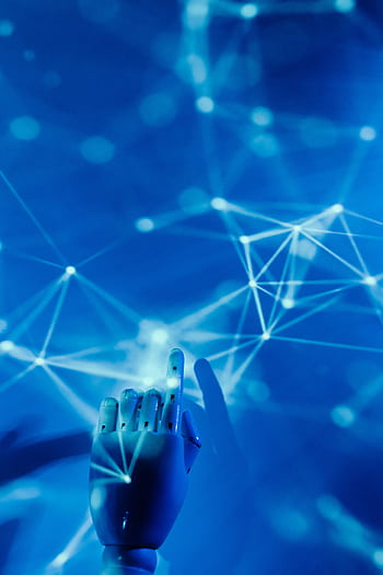 Futuristic robotic hand touching a digital network on a blue background. HD phone wallpaper