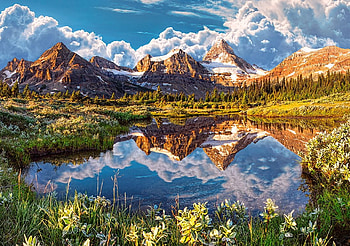 Mirror of the Rockies, peaks, clouds, sky, flowers, spring, usa HD wallpaper