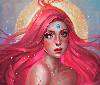 Snow treasure, blue, winter, girl, serafleur, woman, jewel, pink, moon, fantasy, yellow, face, luna HD wallpaper