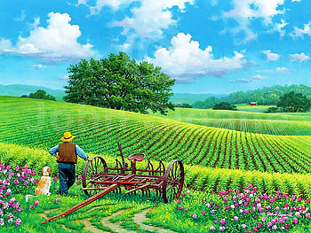 Watching it grow, dog, man, landscape, painting, plug, trees, clouds, fields, sky HD wallpaper