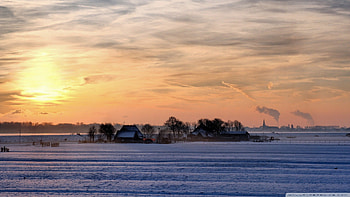 wonderful farm in winter, winter, clouds, fields, farm, sunset HD wallpaper