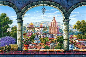 View from the balcony, artwork, buildings, painting, city, lamp, sky, arcades, mexico HD wallpaper