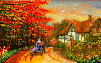 Home, trees, road, painting, house HD wallpaper