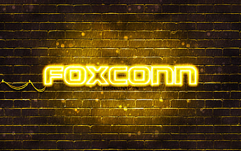 Foxconn yellow logo, , yellow brickwall, Foxconn logo, brands, Foxconn neon logo, Foxconn HD wallpaper