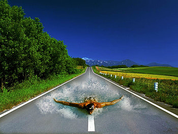 Effect, swimming, hop, landscape, trees, sky, road, nature, grass HD wallpaper
