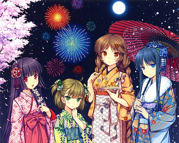 Kimono Nite, night, umbrella, kimono, yukata, cute, long hair, team, eat, petals, group, hungry, short hair, , female, sexy, fireworks, delicious, hot, eating, girl, food, anime girl, anime, friend HD wallpaper
