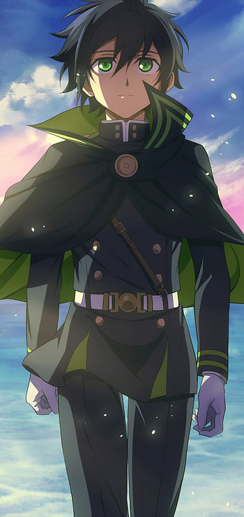 green eyes, uniform, black hair, cape, Anime HD phone wallpaper