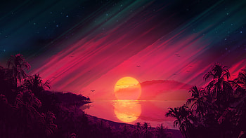 Sunset, lake, landscape, digital art HD wallpaper