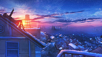 Anime Girl On Snowy Roof At Sunset, anime-girl, house, rooftop, sky, sunset, city, clouds, cloud, snow, artist, artwork, art, digital-art, ai, pixiv HD wallpaper