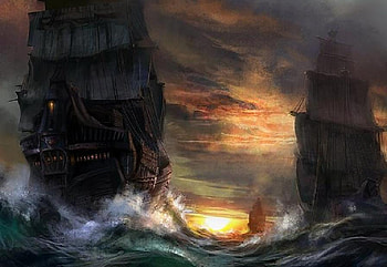 Safety in Numbers, galleons, art, sails, sky, sunset, ocean HD wallpaper