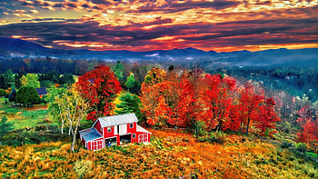 Vermont old red barn, Fall in sunrise, Landscape graphy, Art HD wallpaper
