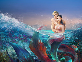 Fantasy couple, milica jevtic, blue, sea, mermaid, art, man, lovers, girl, ted, fantasy, milyknight, couple, luminos, water HD wallpaper