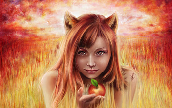 For you!, girl, fox, orange, hand, fantasy, yellow, red, fruit, ears, apple, redhead, luminos HD wallpaper