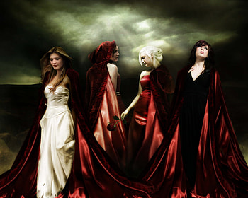 Sisters, night, magic, fantasy, red HD wallpaper