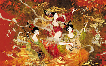 Autumn song, girl, orange, goddess, bird, art, asian, crane, niayu donhoang, instrument, fantasy, red, green HD wallpaper