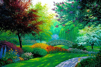 Floral Impressions, artwork, river, painting, path, trees, bridge, flowers, park HD wallpaper