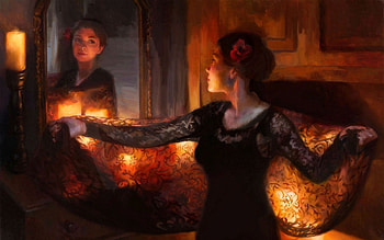 Evening Glow, mirror, reflection, candles, dress up, woman, beauty HD wallpaper