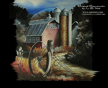 Old Red Barn, silos, barn, pretty, art, red, fence, wagon wheel, country HD wallpaper