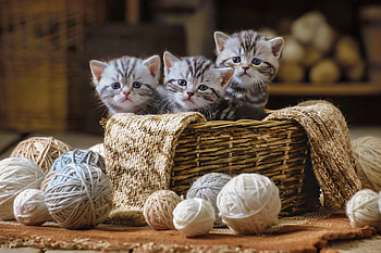 Three kittens in basket, cute, adorable, yarn, fluffy, kittens, friends, sweet, kitty, basket, funny, joy HD wallpaper
