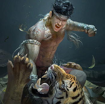 Fighting with the tiger, tiger, nero gen, nerogen, fantasy, man, tigru, fight HD wallpaper