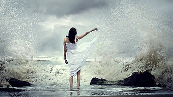 girl, sea, surf, dress, spray HD wallpaper