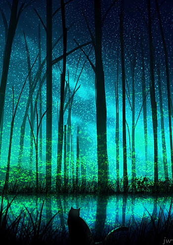 Art, Night, Lake, Forest, Cat HD phone wallpaper