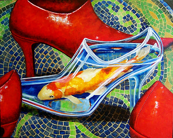 Wet Shoe Dream, shoe, oil, abstact, painting, 3d, fantasy, red, heels, fish HD wallpaper