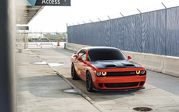 Dodge Challenger SRT Hellcat, front view, exterior, Dodge Challenger tuning, orange Challenger SRT, american cars, Dodge HD wallpaper