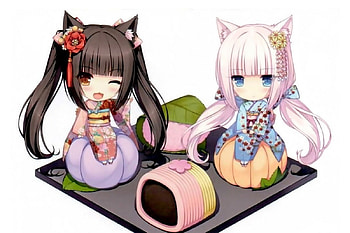 Chibi, kimono, yukata, cute, twin tails, long hair, nice, twintails, yummy, hungry, adorable, female, sweet, twintail, delicious, girl, pink hair, food, kawaii, anime girl, anime, pretty, wink, brown hair, twin tail, lovely HD wallpaper