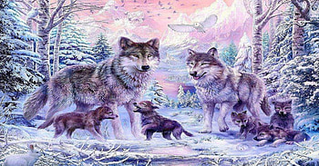 panting, wolves in the snow, wolves, snow, trees, cubs, mountains, owl HD wallpaper
