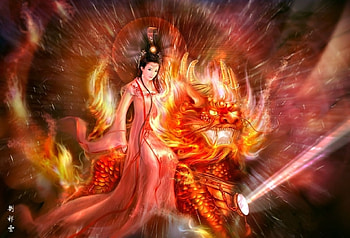 :), asian, fantasy, hiliuyun, girl, fire, lion HD wallpaper