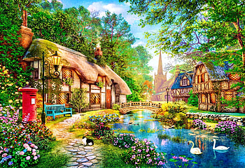 Cottage Way Lane, artwork, ducks, swans, digital, trees, flowers, houses, pond HD wallpaper