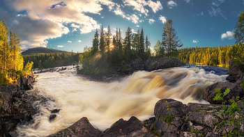 Forest Cascades, river, island, clouds, waterfall, trees, sky, rocks HD wallpaper