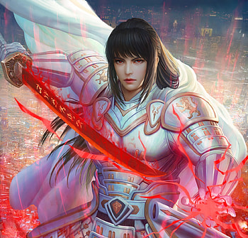 Saigo Takamori, samurai, girl, mario wibisono, katana, warrior, armor, sword, fantasy, red, luminos HD wallpaper
