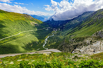 Nature, Rivers, Mountains, Clouds, Road, Slope HD wallpaper