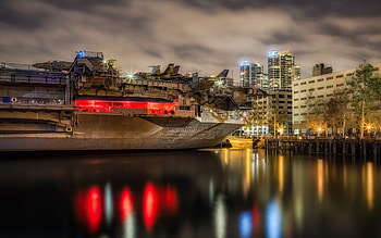USS midway aircraft carrier in san diego r, night, carrier, military, ship, city, lights, bay, r HD wallpaper