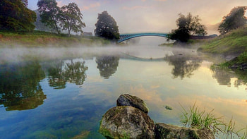 morning fog on a river, river, fog, morning, shores, trees, bridge, rocks HD wallpaper