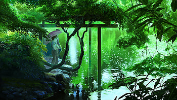 Nature anime, Serene lakes, Green forests, Umbrellas in the rain HD wallpaper