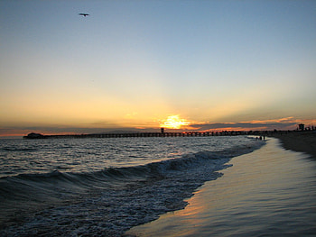 Sunset Pier, dusk, ocean, sunset, beach HD wallpaper
