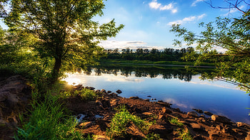 Sunset, Willamette River near Salem, Oregon, leaves, morning, fall, landscape, trees, colors, water reflections, usa HD wallpaper