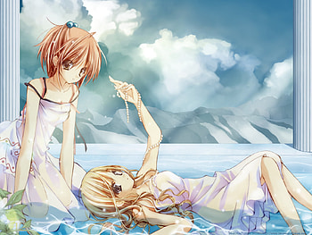 Cute girls, sexy, cute, kawai, shoujo ai, dress, yuri, anime girl, shizuma hanazono, strawberry panic, anime, nagisa aoi, clouds, girls HD wallpaper