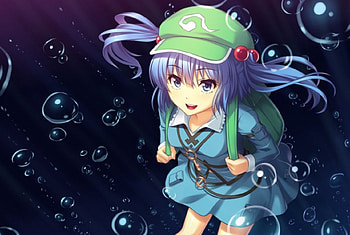 Bubbles!!!, blue eyes, anime, touhou, bubbles, dress, water, kawashiro nitori, hat HD wallpaper