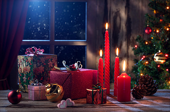Christmas gifts, Toys, Decoration, Balls, Candles, Tree, Window HD wallpaper