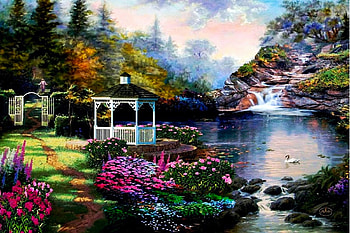 The Path Least Followed, painting, trees, gazebo, flowers, pond, park HD wallpaper