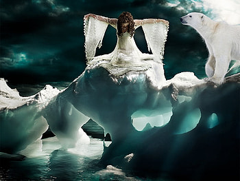 Ice queen, sea, polar bear, clouds, sky, nature, dress, woman, glacier HD wallpaper
