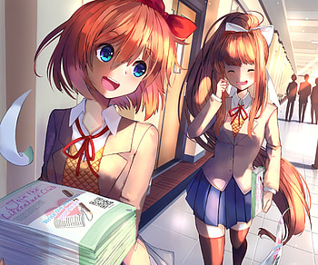 Sayori & Monika, Monika (Doki Doki Literature Club!), Sayori (Doki Doki Literature Club!), video game, Doki Doki Literature Club! HD wallpaper