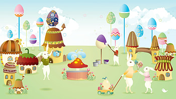 Easter Bunny Village, bunnies, birds, eggs, houses, mushroom, balloons, fountain, homes, water, buckets, Spring, circles, wagon, Easter, rabbits, Easter eggs, paint, clouds, sky, flowers HD wallpaper