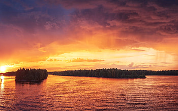 Panoramic Sunset, sea, horizon, dusk, twilight, dawn, clouds, trees, nature, forest, sunset, ocean HD wallpaper