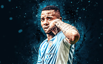 Gabriel Jesus, , 2022, Manchester City FC, blue neon lights, brazilian footballers, soccer, Premier League, football, Man City, Gabriel Jesus , Gabriel Jesus Manchester City HD wallpaper