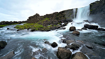 Oxararfoss Falls, Iceland, landscape, river, rocks, cliff, sky HD wallpaper